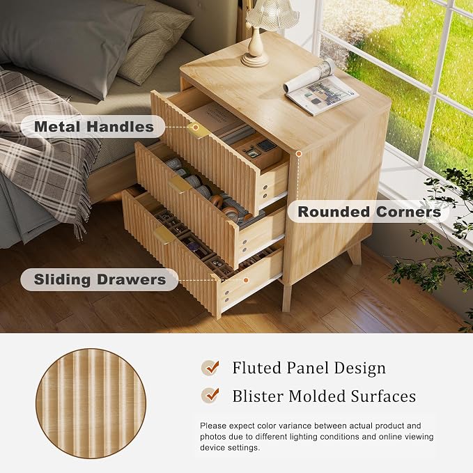 LYNCOHOME Fluted Nightstand Set of 2, Wood Bedside Table - Image 4