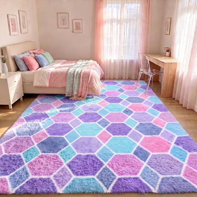 Checkered 8x10 Area Rugs for Living Room, Large Fluffy Purple Rainbow Colorful by ONASAR
