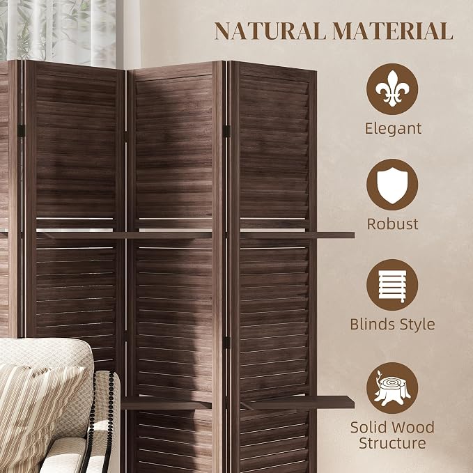 HOMCOM Room Divider 5 Panel 67" Tall Wood Privacy Screen Walnut | 3 Display - Image 5