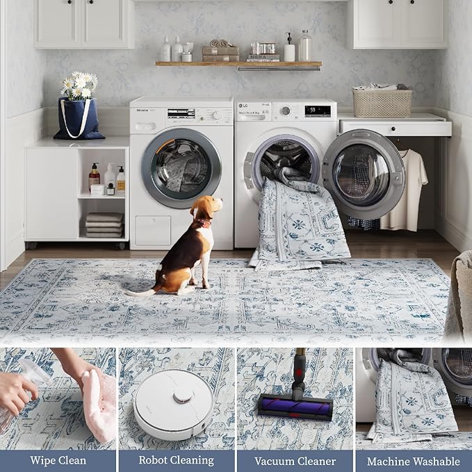 jinchan Lima Hallway Runner Rug 2x10 Washable - Vintage Floral Non Slip Low-Pile Soft Ultra-Thin Faux Wool Kitchen Rug Distressed Carpet Runner for Farmhouse Bedroom Laundry (2x10ft, Blue)