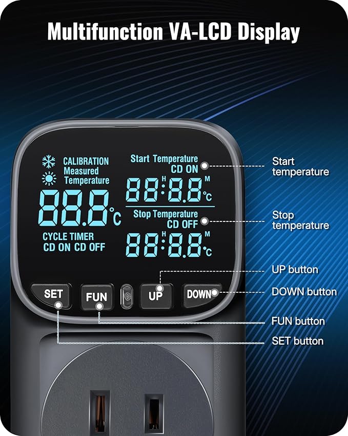 WILAWELS Digital Temperature Controller Outlet, 15A/1800W Heavy Duty Thermostat Plug, VA LCD Display, Heating/Cooling Control, -40°F~210°F, 4 Timer Modes, for Greenhouse Incubator Homebrew B01TC06