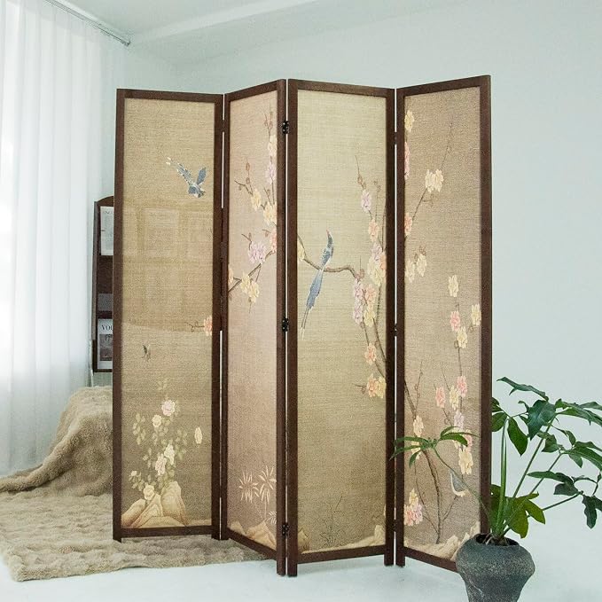 4 Panel Bamboo Room Divider, 5.6 ft Tall Double Sided Folding Privacy Screen by Furnnylane