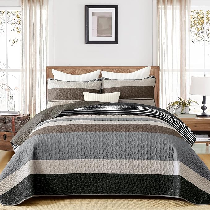 Dinjoy King Boho Striped Quilt Set, Breathable All-Season, 3-Piece Set Fits by DINJOY