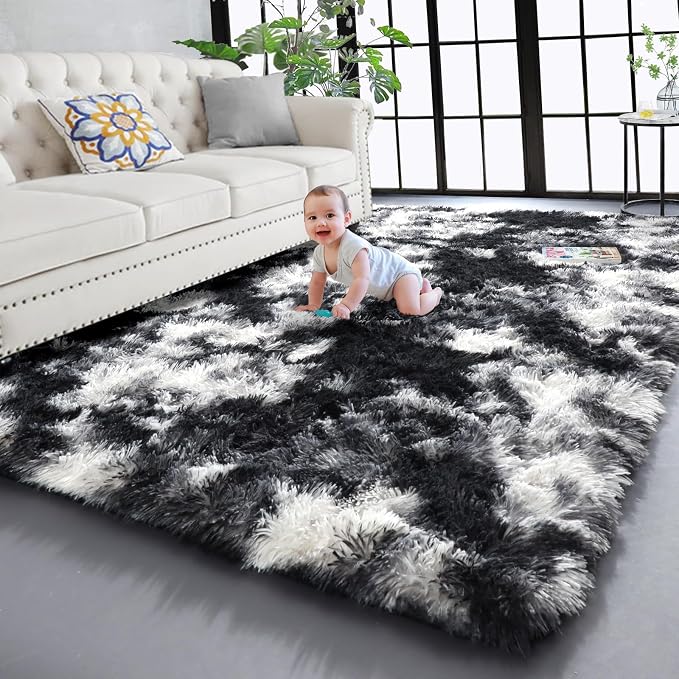 Black White Grey Rugs for Living Room 5x8, Shag Fuzzy Fluffy Rectangular Rugs - Image 9