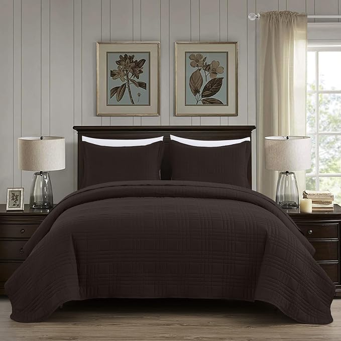 Chezmoi Collection Kingston Queen Size Bedspread Set, 3-Piece Brown Oversized - Image 3