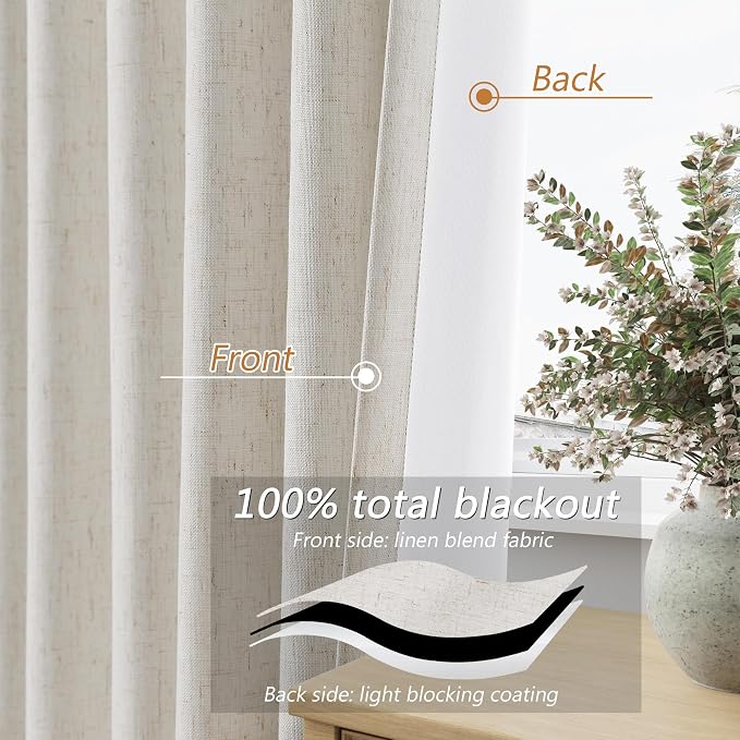 100% Blackout Linen Curtains for Bedroom 90 inches Long, Thermal Insulated Room - Image 4