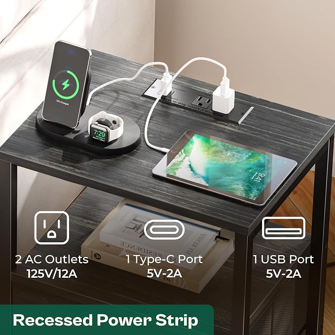Huuger Nightstand with Charging Station, Side Table with Fabric Drawers | - Image 3