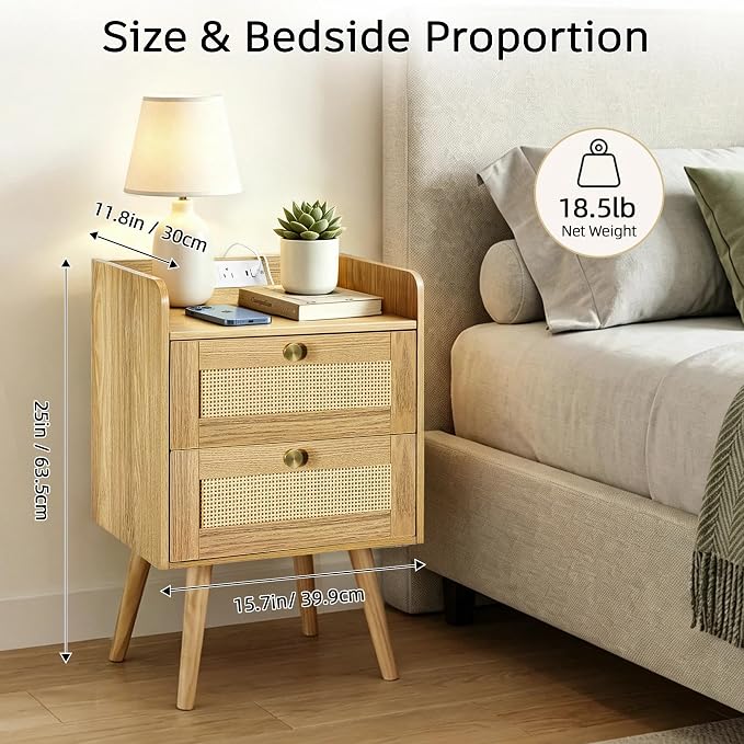 Rattan Nightstands Set of 2, Boho Bedside Table - Image 2
