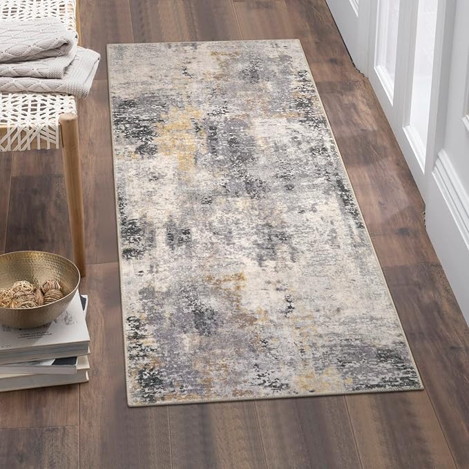 Lahome Modern Abstract Gray Bathroom Runner Rug, 2x4.3 Washable Laundry Room Runner, Soft Non Slip Low Pile Throw Carpet Runner for Entryway Kitchen Hallway Doorway Bedroom