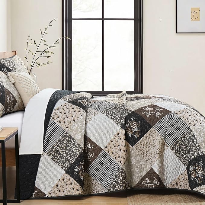 Dinjoy Patchwork Quilt Set Queen Size, Boho Bedding Set, Reversible Summer - Image 3