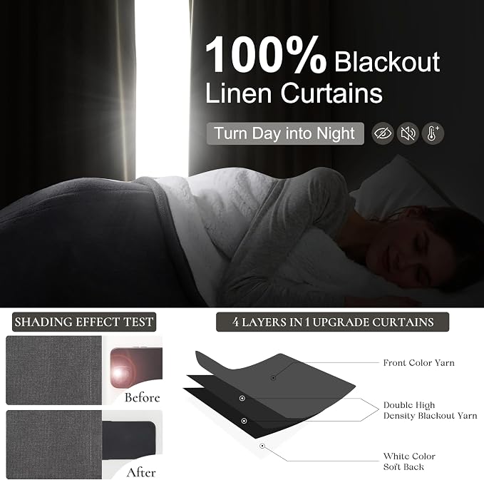 Dark Grey Linen Room Darkening Curtains 96 Inches Long 2 Panels Set - Image 2
