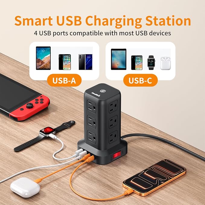 Extension Cord with Multiple Outlets, SMALLRT Power Strip Tower, Outlet - Image 6