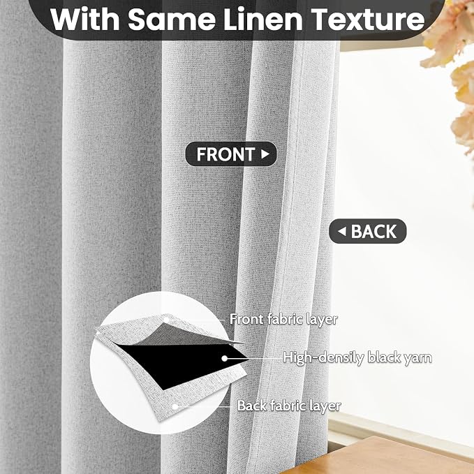 COSVIYA 100% Blackout White Linen Curtains & Drapes 63 Inch Length | Light - Image 4