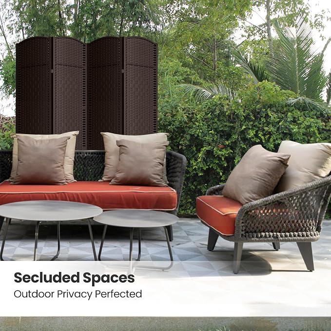 4 Panel Folding Room Divider, Woven Privacy Screen, Chocolate | Solid wood frame - Image 5