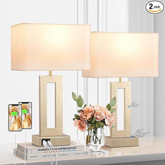 Gold Table Lamps Set of 2, 16.4" Bedside Lamps by SeealleLighting
