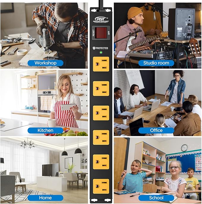 CRST 6 Outlet Surge Protector Power Strip 2100J with Switch, 15A/1875W Metal Heavy Duty Power Strip, Wide Spaced Wall Mount Power Bar for Garage Workshop Home School, 6 FT Cord（ Black+Yellow）