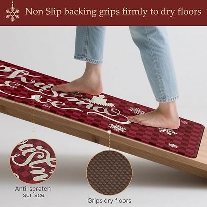 GENIMO Christmas Decorations - Kitchen Mats for Floor, 2PCS Christmas Kitchen Rugs, Cushioned Anti Fatigue Mat for Home Decor, Waterproof Non Slip Standing Mat for Laundry, 17.3"x47"+17.3"x30", Red