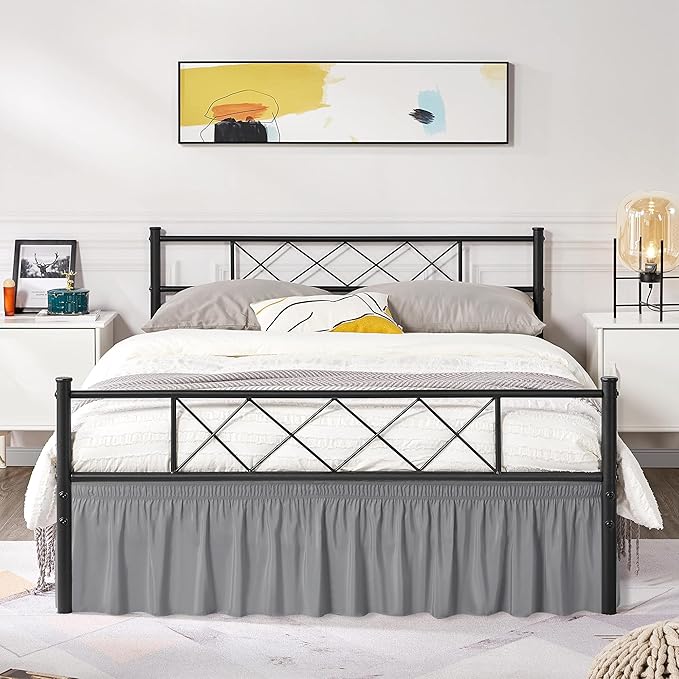 Biscaynebay Wrap Around Bed Skirts with Split Corners for King Beds 21" Drop, Silver Grey Elastic Dust Ruffles Easy Fit Wrinkle & Fade Resistant Silky Luxurious Fabric Solid Machine Washable
