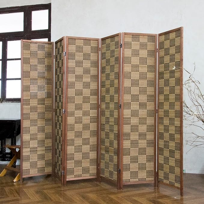 6 Panel Bamboo Room Divider, 5.6 ft Tall Double-Sided Folding Privacy Screen by PawlaBay