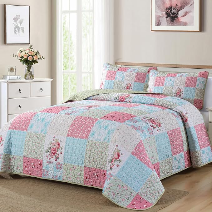Mybedsoul Blue Pink Patchwork King Size Quilt, Soft Boho Floral King Bedspreads - Image 2