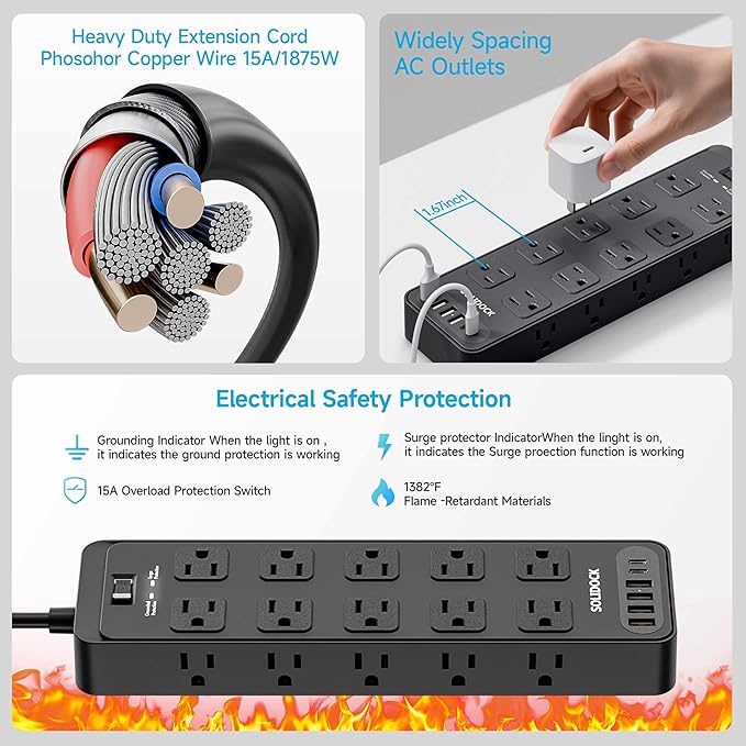 Solidock Flat Plug Power Strip Surge Protector with 20 AC Outlets 6 USB Ports, 1875W/15A, 2700 Joules, 6 Ft Heavy Duty Extension Cord with Multiple Outlets for Home, Office, Dorm, Gaming,ETL Listed