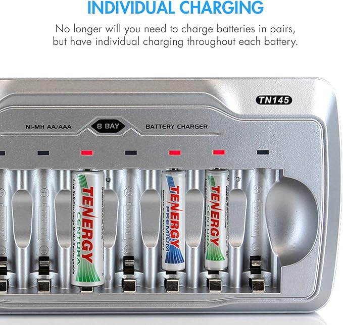 Tenergy TN145 8 Bay Charger and 8 Pack Rechargeable AAA Batteries, Independent Charging, UL & CE Certified