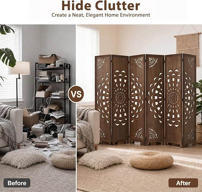 6 Panel Room dividers, 66.9" Boho Double-Sided Carved Screen, Freestanding - Image 7
