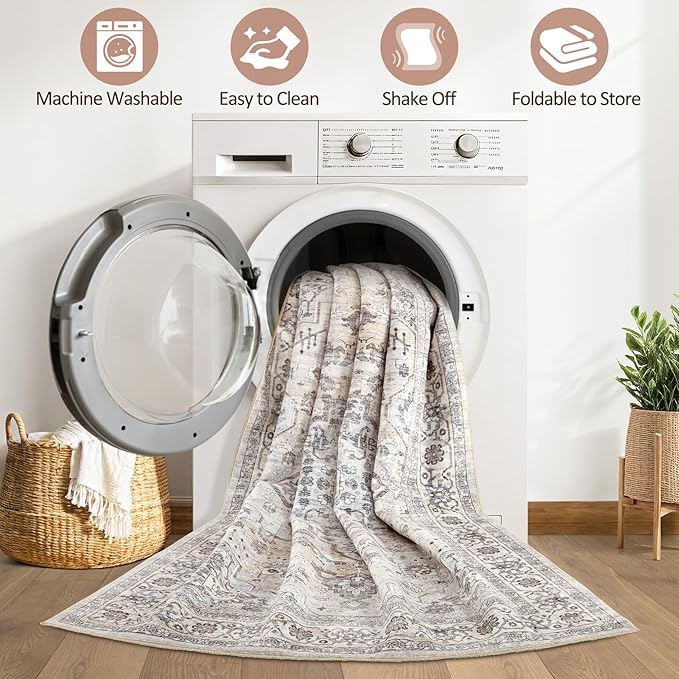 10x12 Area Rug Living Room: Washable Boho Large Neutral Vintage Soft Rugs Stain Resistant Farmhouse Non Slip Indoor Floor Carpet for Bedroom Nursery Kids Playroom Office Dining Room- Ivory Gray