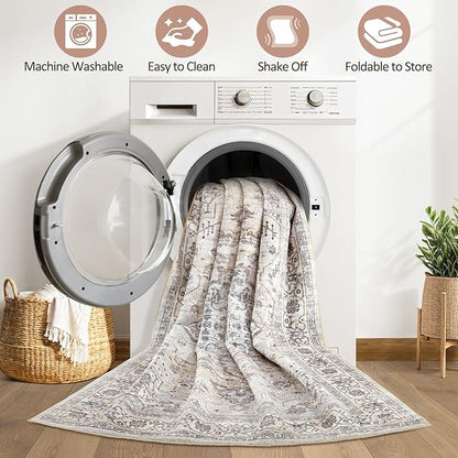 10x12 Area Rug Living Room: Washable Boho Large Neutral Vintage Soft Rugs Stain Resistant Farmhouse Non Slip Indoor Floor Carpet for Bedroom Nursery Kids Playroom Office Dining Room- Ivory Gray