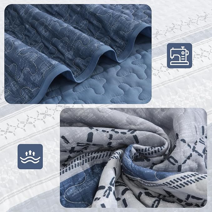 Cottolester Mineral Blue Queen Quilt Set, Boho Striped Bedspread Coverlet | - Image 4