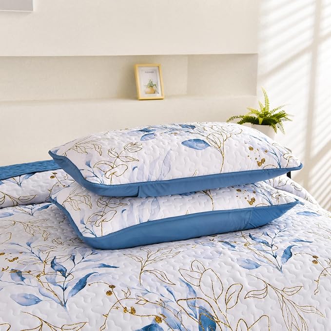 Anibedding Twin Quilt Set, 2 Pieces Blue Botanical Bedspread Bedding Set | Soft - Image 7