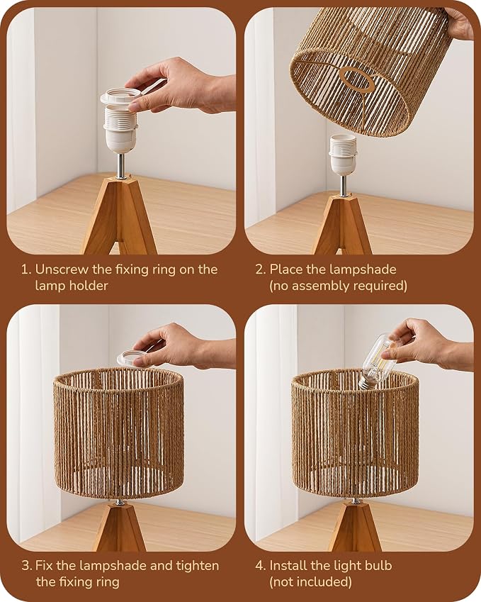 EDISHINE Small Rattan Table Lamp, Wood Tripod Bedside Lamp, E26 Base | Natural - Image 4