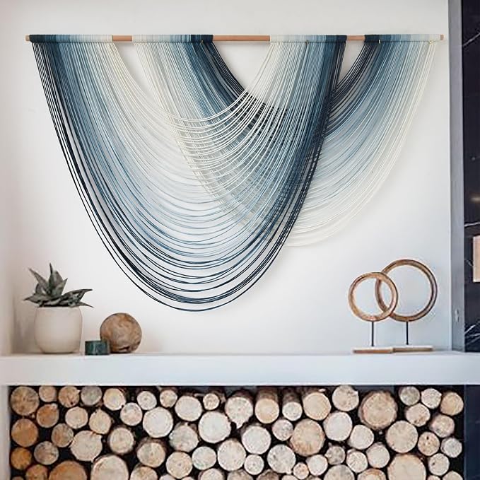 Macrame Wall Hanging Large handmade Navy Blue Ombre Fiber Art 57"W*39"L | - Image 2