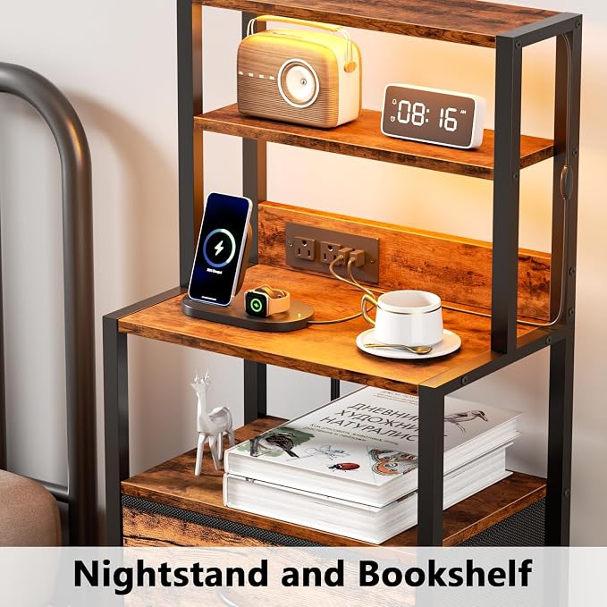 Night Stand with Charging Station, Tall Nightstand, LED Lights | 4-Tier Shelves - Image 3