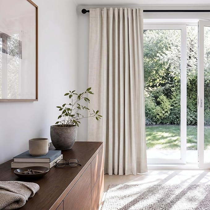 Linen Textured Total Blackout Sliding Door Curtains 84 Inches Long, Cream | - Image 6