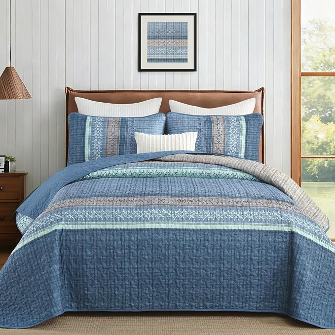 Cottolester Blue Quilt Set California King, Boho Striped Quilted Bedding Set | by Cottolester