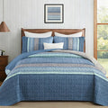 Cottolester Blue Quilt Set Queen, Striped Patchwork Quilt Bedding Set 3 Pcs | by Cottolester