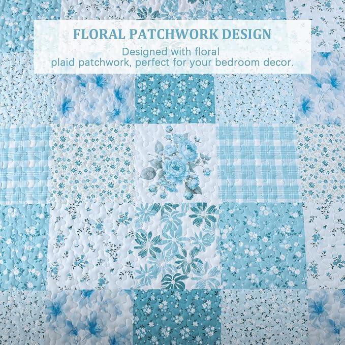 Mybedsoul Blue Patchwork King Size Quilt, Soft Boho Floral King Bedspreads - Image 4
