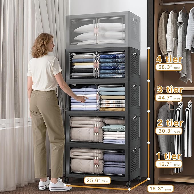 Extra Large Stackable Storage Bins with Lids & Wheels, Foldable Plastic Storage Bins (Dark, 440QT-55QT/30GAL*8Pack)