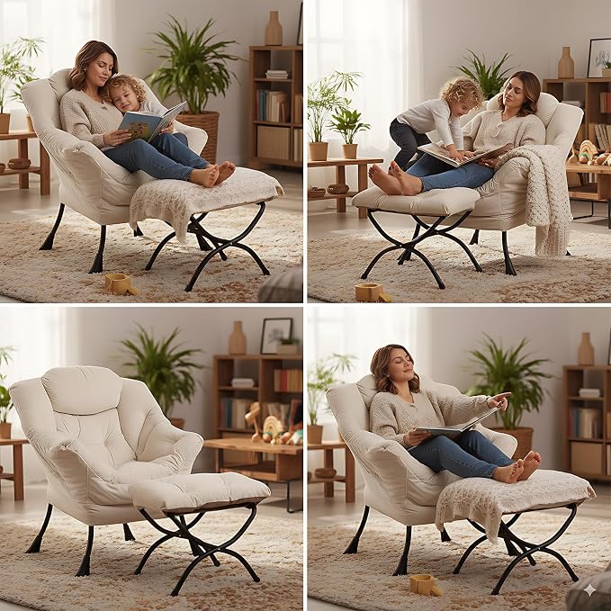 Lazy Chair with Ottoman, Comfy Accent Reading Chair, Velvet Beige | Foldable - Image 7