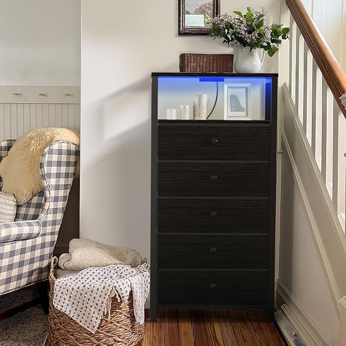 BOLUO Black Dresser with 5 Drawers Tall Nightstand with Charging Station and - Image 5