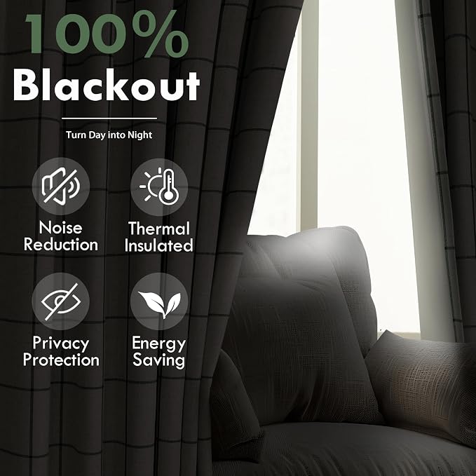 DriftAway 100% Blackout Plaid Linen Curtains W52xL90 Loden Green | 100% Blackout - Image 5
