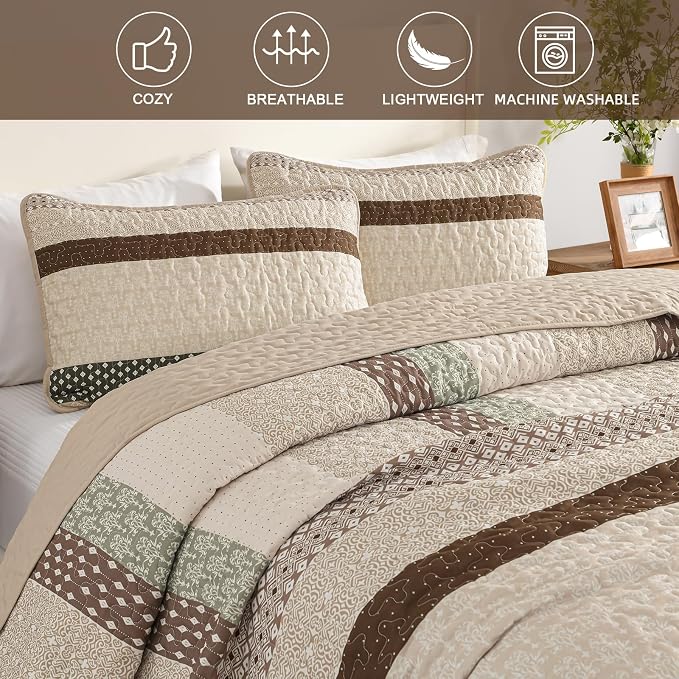 WONGS BEDDING Khaki Quilt King Size, Soft Stripe Bedspreads | Reversible - Image 6