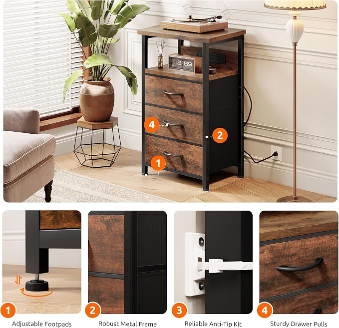 Lazzanto Night Stand with Charger Station, 3 Fabric Drawers, Bedside Table - Image 7