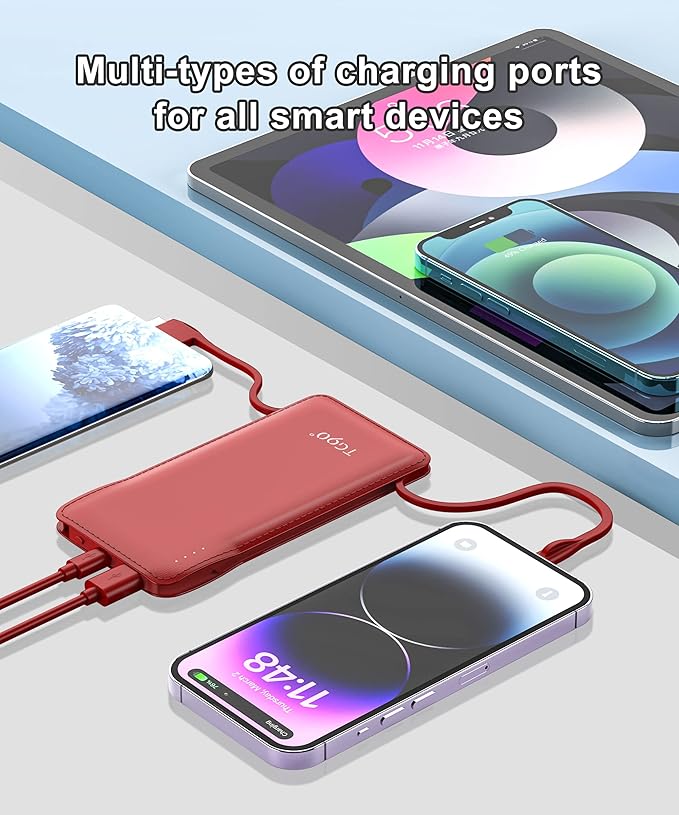 TG90° Portable Charger 10000mah Cell Phone Battery Backup, Ultra Slim Power Bank with Built in Cables(No AC Plug), Portable Phone Charger Battery Packs Compatible with iPhone Android Phones