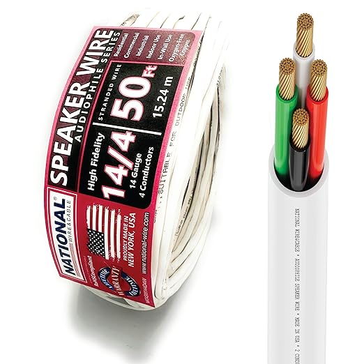 NATIONAL Wire&Cable - 14/4 Audiophile Speaker Wire (50 Feet) 14AWG Gauge - Made in USA - in Wall Audio Speaker Wire Cable/CL Rated/ETL Listed / 2 Conductors - OFC Oxygen-Free Copper, White 50ft