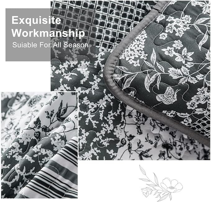 Mybedsoul Black Grey Boho Quilt Set Twin Size Dorm Bedding, 2 Pieces Plaid - Image 3