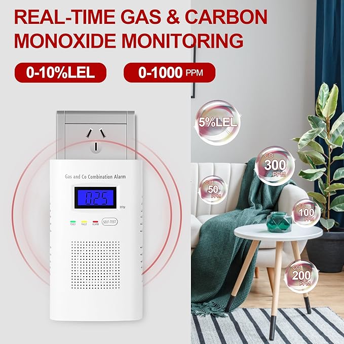 2 Packs Combination Gas & Carbon Monoxide Detector, Plug in Carbon Monoxide Alarm & Natural Gas Detector,Propane,Methane,with Backup 9V Battery Feature, Digital Display, for Home, Apartment, RV