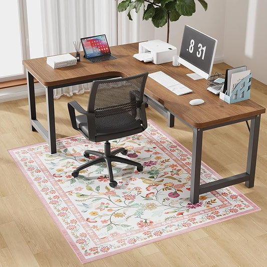 50"x60" Pink Floral Office Chair Rug, Easy to Clean Computer Chair Rug, Under Desk Rugs for Home Office, Desk Rugs for Rolling Chairs, Floor Mat for Hardwood Floors, Desks Carpet for Tile Floor