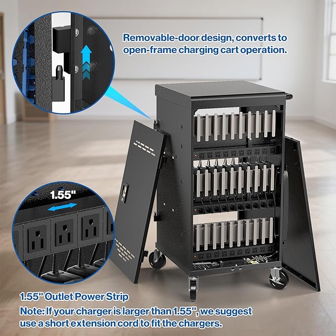 Fully Assembled 30 Unit Device Charging Station for Chromebook, iPad, 14'' Laptop - Charging Cart with Charger Cable Management, Circuit Breaker, Grounding Protection
